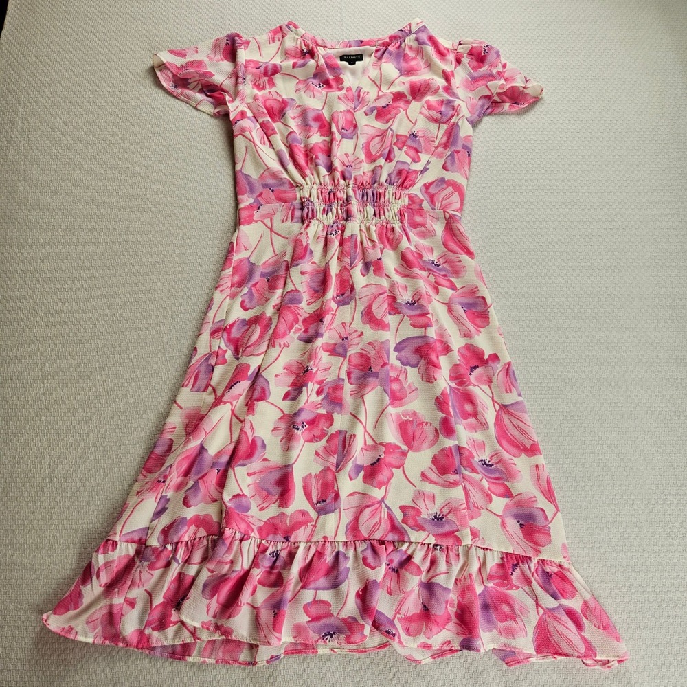 Talbots Pink Floral Smocked Waist Ruffle Hem Midi Dress Size 8 AOP Wedding